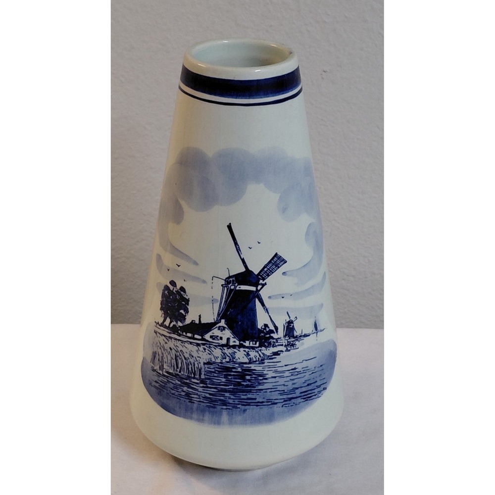 Vintage Delft Blue Hand Painted Holland Windmill Vase Dutch Scenic Pottery 8" - Picture 1 of 6